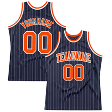 Load image into Gallery viewer, Custom Navy White Pinstripe Orange Authentic Basketball Jersey