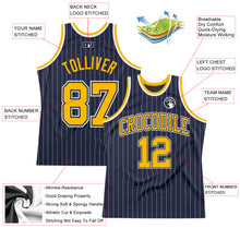 Load image into Gallery viewer, Custom Navy White Pinstripe Gold Authentic Basketball Jersey