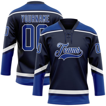 Custom Navy Royal-White Hockey Lace Neck Jersey