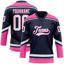 Load image into Gallery viewer, Custom Navy White-Pink Hockey Lace Neck Jersey
