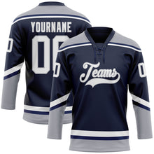 Load image into Gallery viewer, Custom Navy White-Gray Hockey Lace Neck Jersey
