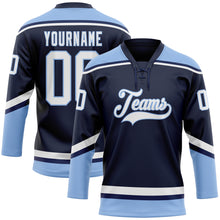 Загрузить изображение в средство просмотра галереи, Custom Navy White-Light Blue Hockey Lace Neck Jersey