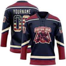 Загрузить изображение в средство просмотра галереи, Custom Navy Vintage USA Flag Crimson-Cream Hockey Lace Neck Jersey