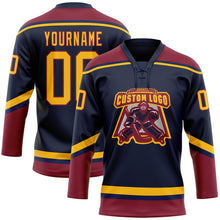 Load image into Gallery viewer, Custom Navy Gold-Crimson Hockey Lace Neck Jersey
