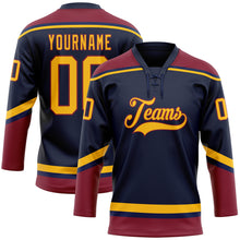 Load image into Gallery viewer, Custom Navy Gold-Crimson Hockey Lace Neck Jersey
