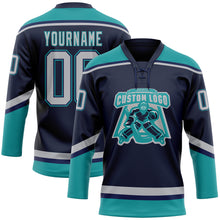 Load image into Gallery viewer, Custom Navy Gray-Teal Hockey Lace Neck Jersey
