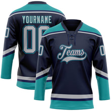Загрузить изображение в средство просмотра галереи, Custom Navy Gray-Teal Hockey Lace Neck Jersey