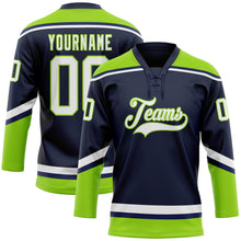 Загрузить изображение в средство просмотра галереи, Custom Navy White-Neon Green Hockey Lace Neck Jersey