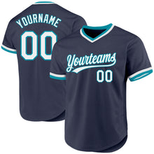 Charger l'image dans la galerie, Custom Navy White-Teal Authentic Throwback Baseball Jersey