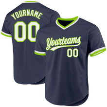 Charger l'image dans la galerie, Custom Navy White-Neon Green Authentic Throwback Baseball Jersey