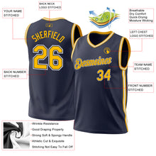 Laden Sie das Bild in den Galerie-Viewer, Custom Navy Gold-White Authentic Throwback Basketball Jersey