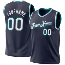 Загрузить изображение в средство просмотра галереи, Custom Navy White-Teal Authentic Throwback Basketball Jersey
