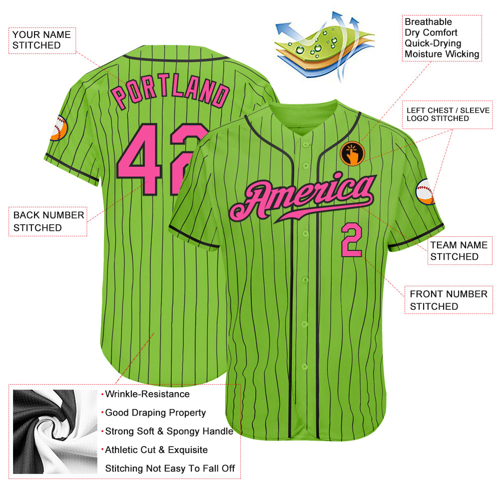 Custom Neon Green Black Pinstripe Pink-Black Authentic Baseball Jersey