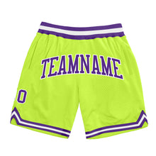 Laden Sie das Bild in den Galerie-Viewer, Custom Neon Green Purple-White Authentic Throwback Basketball Shorts