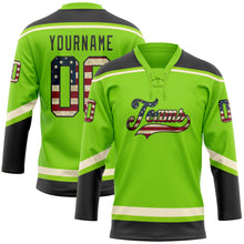Load image into Gallery viewer, Custom Neon Green Vintage USA Flag Black-Cream Hockey Lace Neck Jersey