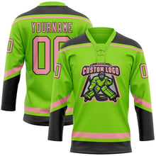 Load image into Gallery viewer, Custom Neon Green Medium Pink-Black Hockey Lace Neck Jersey
