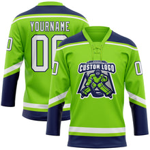 Load image into Gallery viewer, Custom Neon Green White-Navy Hockey Lace Neck Jersey
