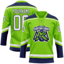 Load image into Gallery viewer, Custom Neon Green White-Navy Hockey Lace Neck Jersey