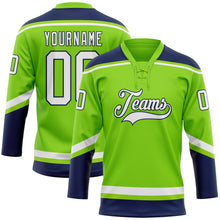 Load image into Gallery viewer, Custom Neon Green White-Navy Hockey Lace Neck Jersey