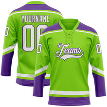 Load image into Gallery viewer, Custom Neon Green White-Purple Hockey Lace Neck Jersey