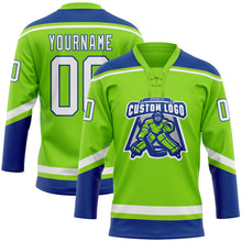Load image into Gallery viewer, Custom Neon Green White-Royal Hockey Lace Neck Jersey