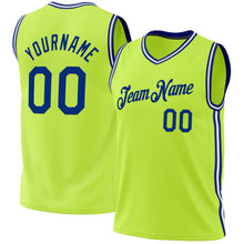Load image into Gallery viewer, Custom Neon Green Royal-White Authentic Throwback Basketball Jersey