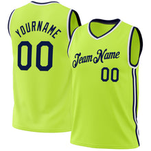 Load image into Gallery viewer, Custom Neon Green Navy-White Authentic Throwback Basketball Jersey