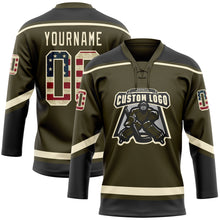 Загрузить изображение в средство просмотра галереи, Custom Olive Vintage USA Flag Cream-Black Salute To Service Hockey Lace Neck Jersey