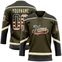 Загрузить изображение в средство просмотра галереи, Custom Olive Vintage USA Flag Cream-Black Salute To Service Hockey Lace Neck Jersey
