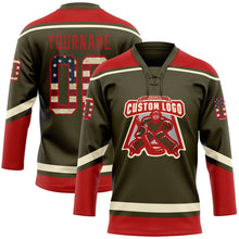 Laden Sie das Bild in den Galerie-Viewer, Custom Olive Vintage USA Flag Red-Cream Salute To Service Hockey Lace Neck Jersey