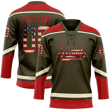 Laden Sie das Bild in den Galerie-Viewer, Custom Olive Vintage USA Flag Red-Cream Salute To Service Hockey Lace Neck Jersey