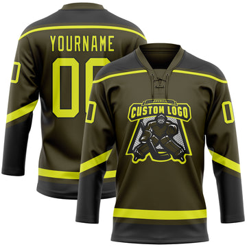 Custom Olive Neon Yellow-Black Salute To Service Hockey Lace Neck Jersey