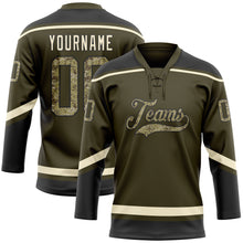 Загрузить изображение в средство просмотра галереи, Custom Olive Camo Black-Cream Salute To Service Hockey Lace Neck Jersey