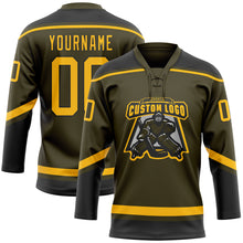 Charger l'image dans la galerie, Custom Olive Gold-Black Salute To Service Hockey Lace Neck Jersey