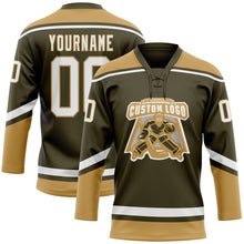 Load image into Gallery viewer, Custom Olive White-Old Gold Salute To Service Hockey Lace Neck Jersey

