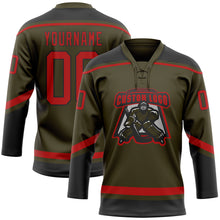 Charger l'image dans la galerie, Custom Olive Red-Black Salute To Service Hockey Lace Neck Jersey