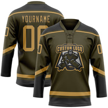 Load image into Gallery viewer, Custom Olive Old Gold-Black Salute To Service Hockey Lace Neck Jersey
