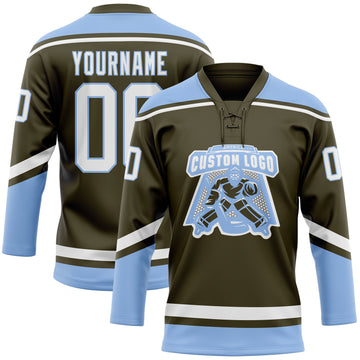 Custom Olive White-Light Blue Salute To Service Hockey Lace Neck Jersey