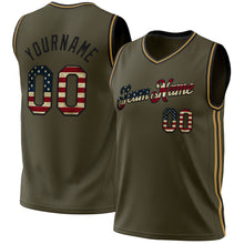 Загрузить изображение в средство просмотра галереи, Custom Olive Vintage USA Flag Black-Old Gold Authentic Throwback Salute To Service Basketball Jersey