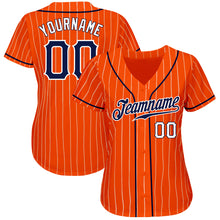 Load image into Gallery viewer, Custom Orange White Pinstripe Navy-White Authentic Baseball Jersey