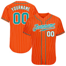 Load image into Gallery viewer, Custom Orange White Pinstripe Teal-White Authentic Baseball Jersey