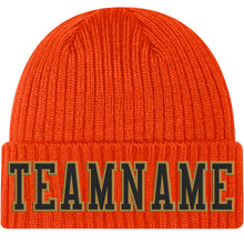 Laden Sie das Bild in den Galerie-Viewer, Custom Orange Black-Old Gold Stitched Cuffed Knit Hat