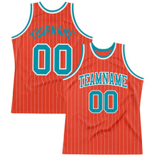 Load image into Gallery viewer, Custom Orange White Pinstripe Teal Authentic Basketball Jersey