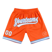 Laden Sie das Bild in den Galerie-Viewer, Custom Orange White-Light Blue Authentic Throwback Basketball Shorts
