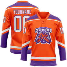 Load image into Gallery viewer, Custom Orange White-Purple Hockey Lace Neck Jersey