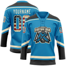 Load image into Gallery viewer, Custom Panther Blue Vintage USA Flag Black-Cream Hockey Lace Neck Jersey