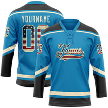 Load image into Gallery viewer, Custom Panther Blue Vintage USA Flag Black-Cream Hockey Lace Neck Jersey