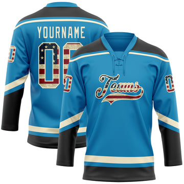 Custom Panther Blue Vintage USA Flag Black-Cream Hockey Lace Neck Jersey