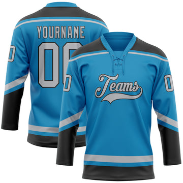 Custom Panther Blue Gray-Black Hockey Lace Neck Jersey