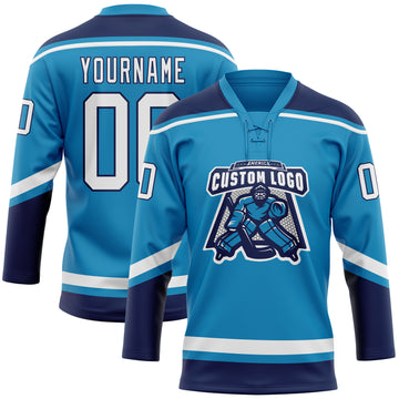 Custom Panther Blue White-Navy Hockey Lace Neck Jersey